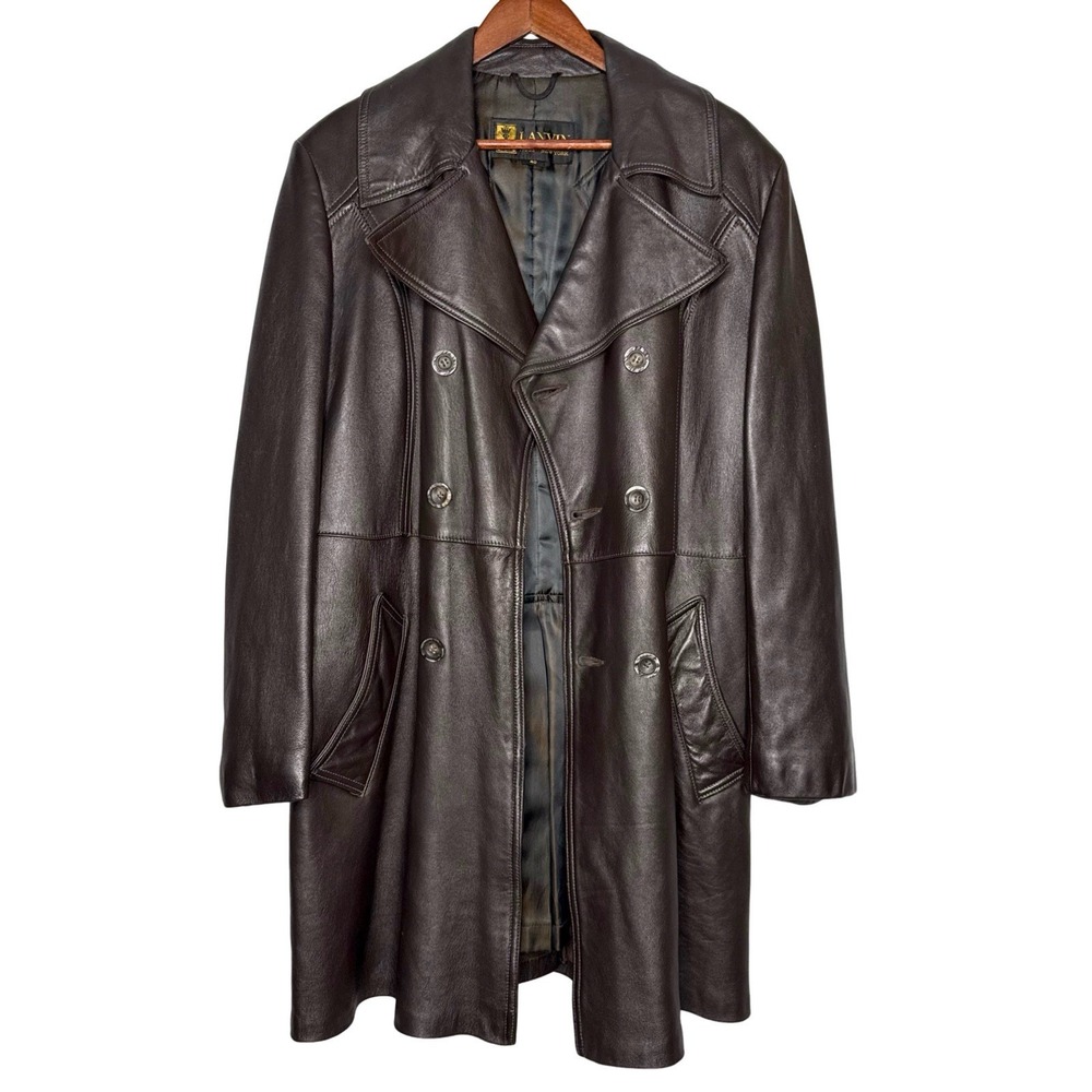 Vintage 1970s Lanvin Paris Leather Trench Coat Mens Size 40 Double-Breasted Rare